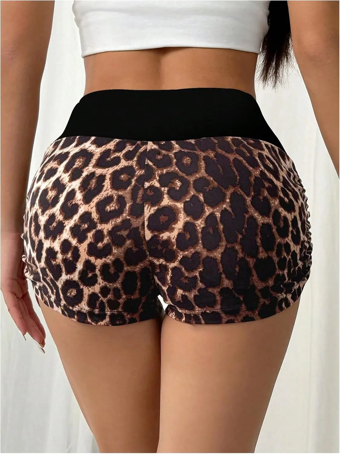 SweatyRocks Women's Ruched High Waisted Mini Shorts Y2K Leopard Print Skinny Shorts