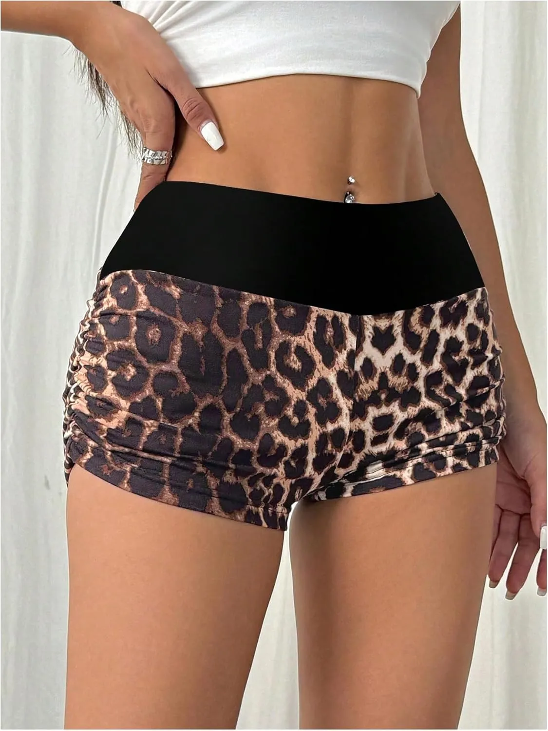SweatyRocks Women's Ruched High Waisted Mini Shorts Y2K Leopard Print Skinny Shorts