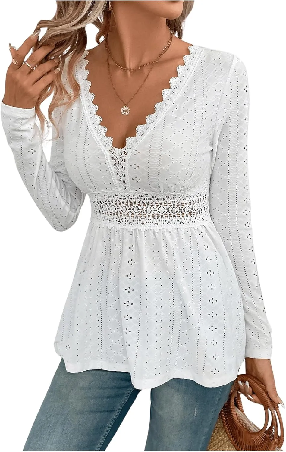 SweatyRocks Women's V Neck Long Sleeve Peplum Tee Shirts Eyelet Crochet Lace Trim Tee Tops