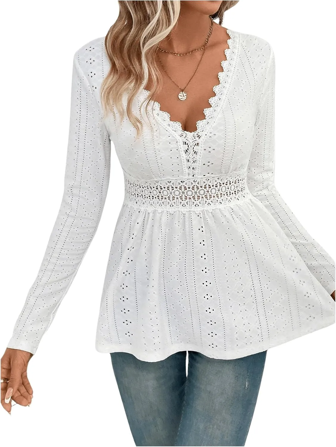 SweatyRocks Women's V Neck Long Sleeve Peplum Tee Shirts Eyelet Crochet Lace Trim Tee Tops