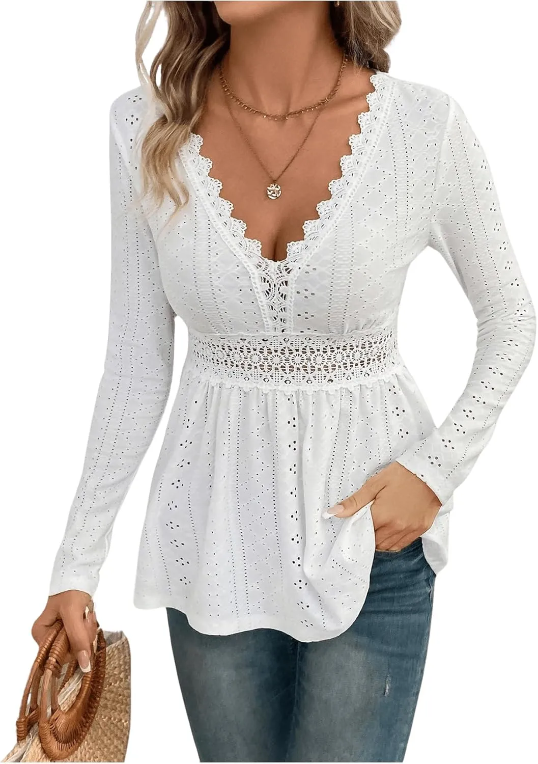 SweatyRocks Women's V Neck Long Sleeve Peplum Tee Shirts Eyelet Crochet Lace Trim Tee Tops