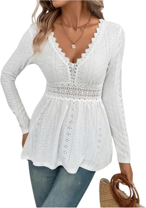 SweatyRocks Women's V Neck Long Sleeve Peplum Tee Shirts Eyelet Crochet Lace Trim Tee Tops