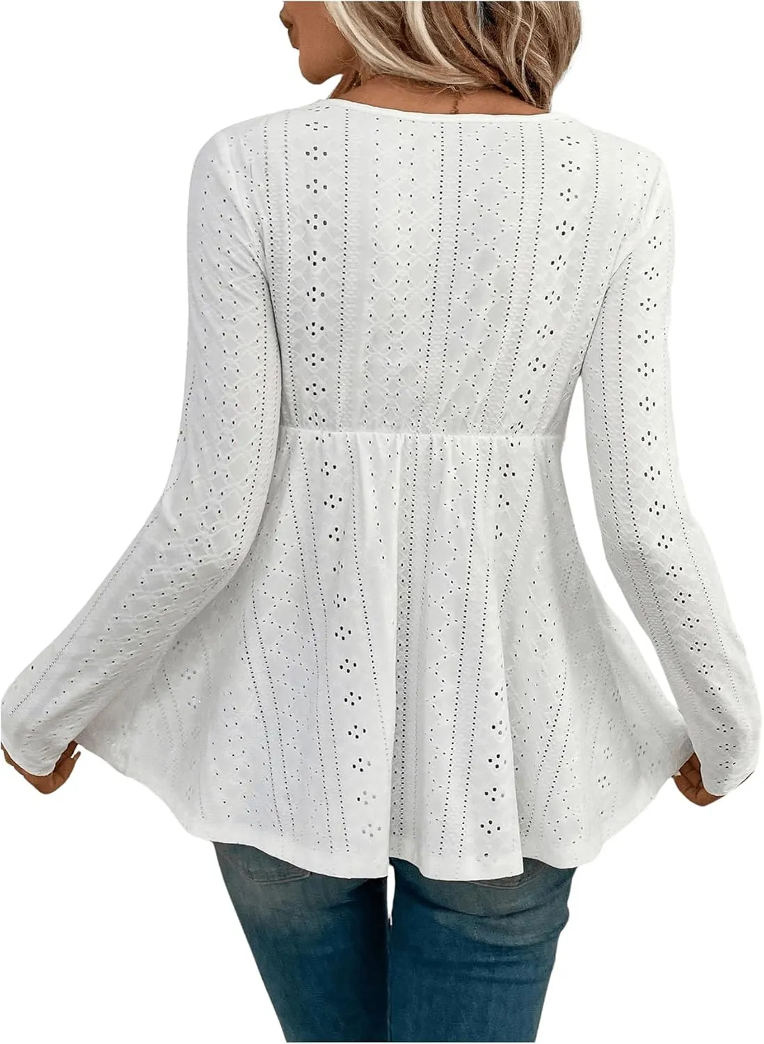 SweatyRocks Women's V Neck Long Sleeve Peplum Tee Shirts Eyelet Crochet Lace Trim Tee Tops