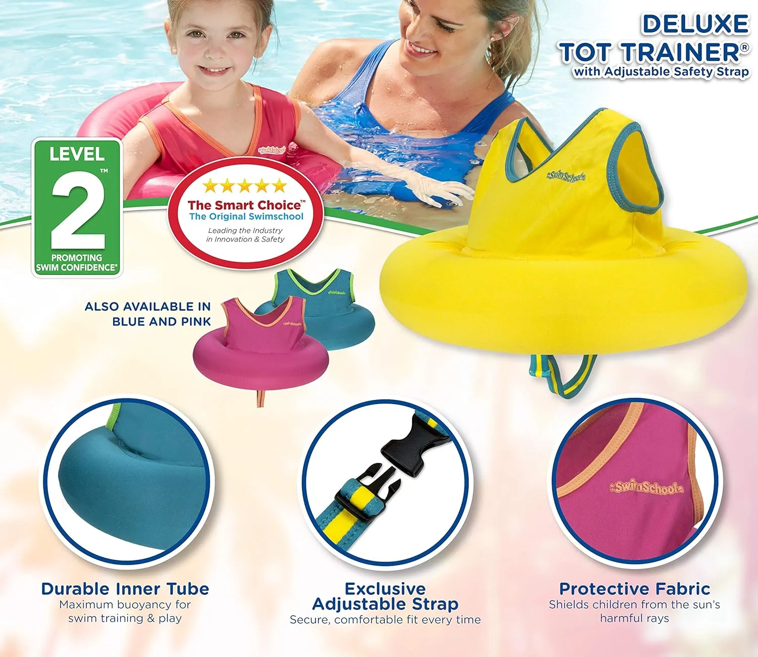 SwimSchool TOT Swim Trainer Vests for Toddlers Ages 2-4  Boys/Girls  Multiple Colors/Styles  Learn to Swim Pool Floaties