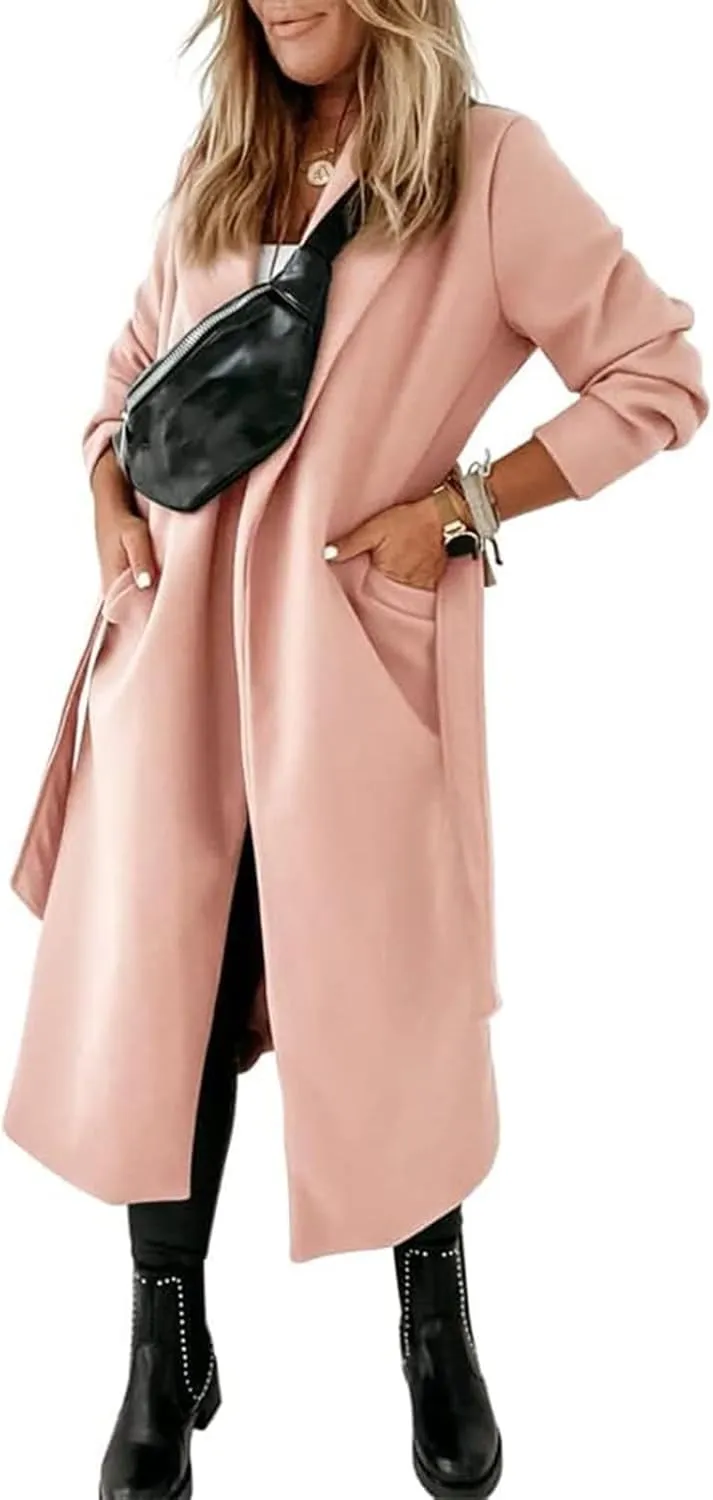 Tankaneo Womens Notched Lapel Collar Coats Open Front Long Jackets Overcoat with Belt