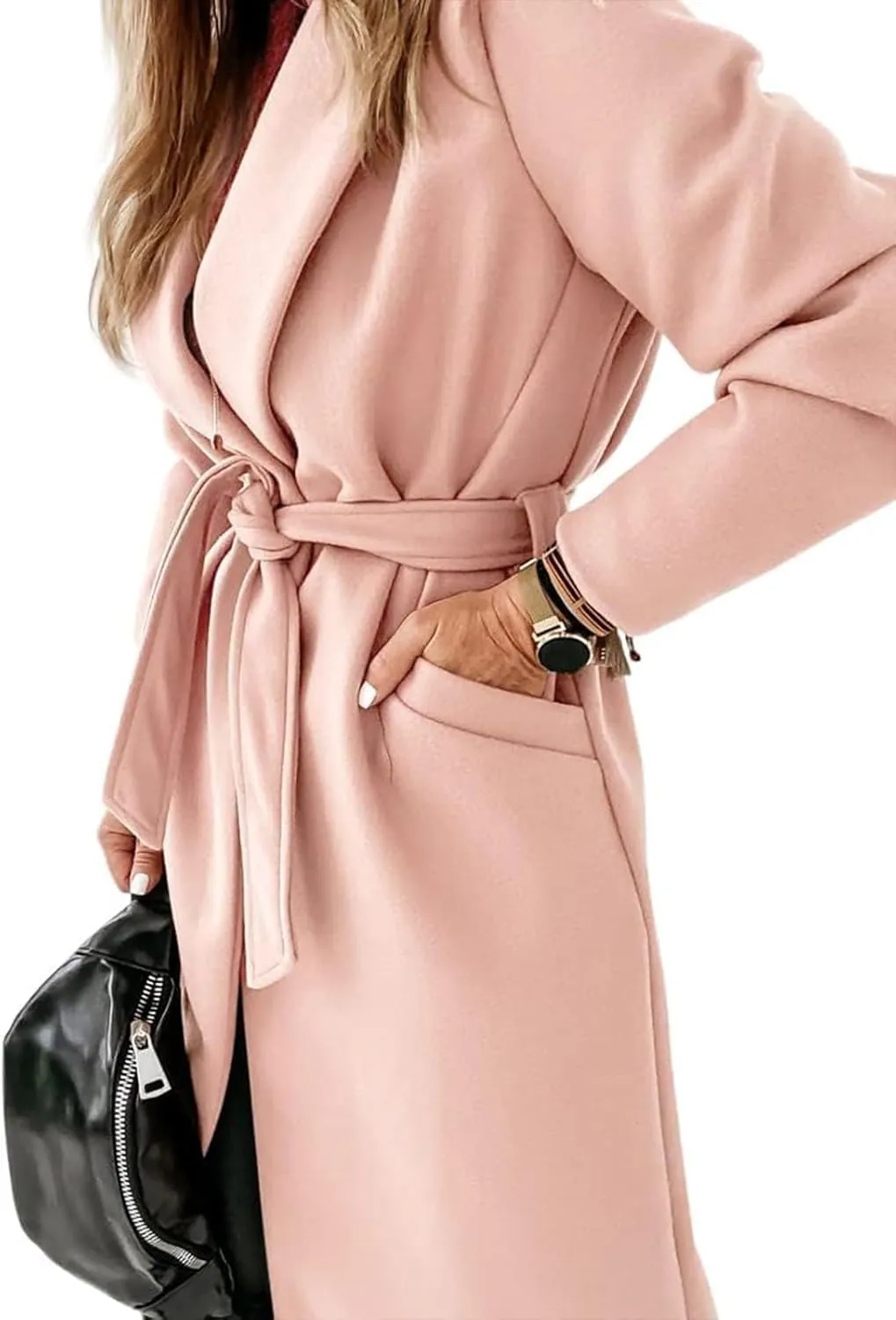 Tankaneo Womens Notched Lapel Collar Coats Open Front Long Jackets Overcoat with Belt