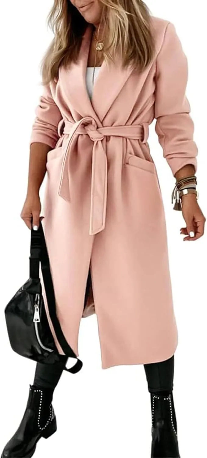 Tankaneo Womens Notched Lapel Collar Coats Open Front Long Jackets Overcoat with Belt