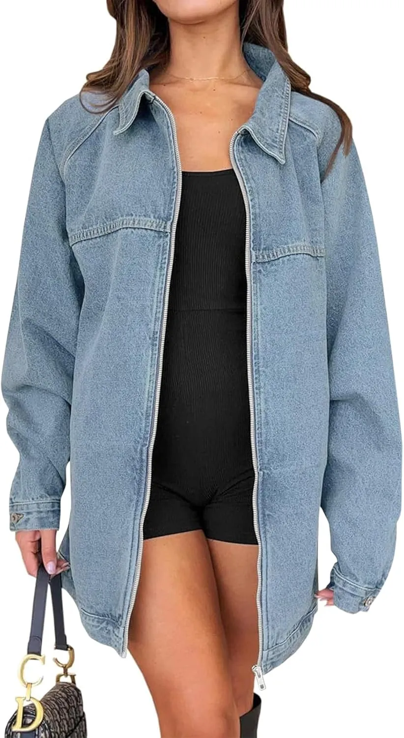 Tankaneo Womens Oversized Denim Jackets Casual Zip up Spring Long Sleeve Jean Jacket with Pocket