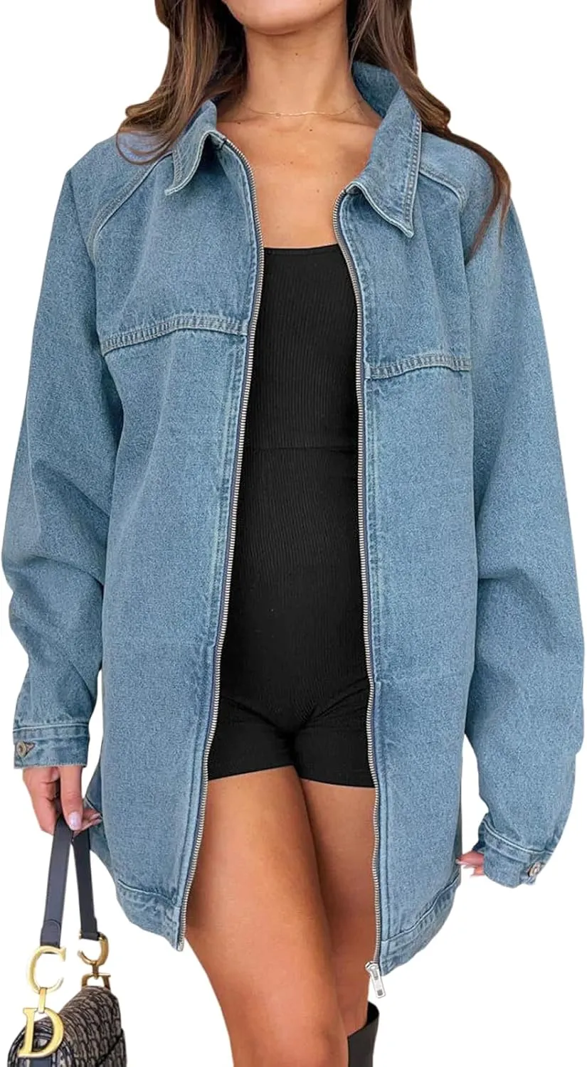 Tankaneo Womens Oversized Denim Jackets Casual Zip up Spring Long Sleeve Jean Jacket with Pocket