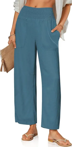 TARSE Women Linen Pants Wide Leg Elastic High Waisted Palazzo Trousers Casual Loose Beach Vacation Clothes with Pockets
