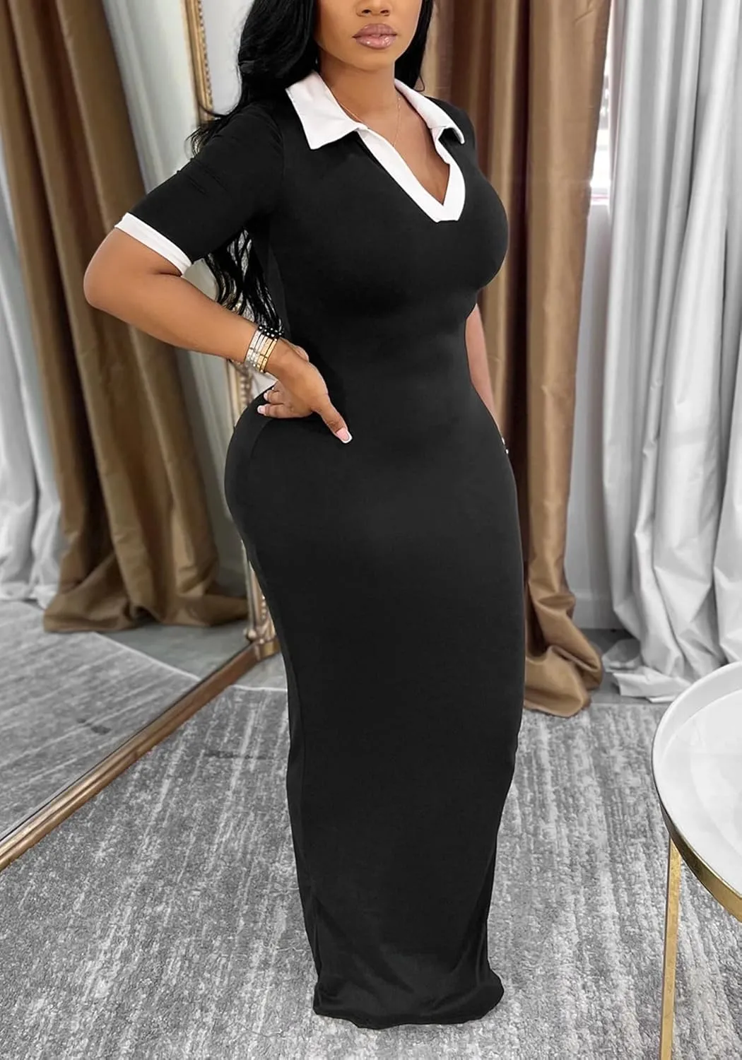 Tcremisa Women's Casual Color Block Polo Maxi Dress Slim Fit Short Sleeve V Neck Bodycon Long Party Dresses