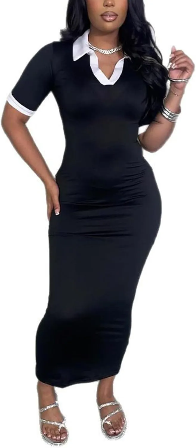 Tcremisa Women's Casual Color Block Polo Maxi Dress Slim Fit Short Sleeve V Neck Bodycon Long Party Dresses