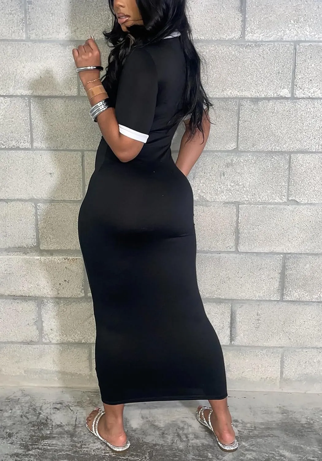 Tcremisa Women's Casual Color Block Polo Maxi Dress Slim Fit Short Sleeve V Neck Bodycon Long Party Dresses