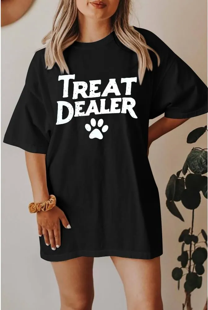 Treat Dealer Shirts for Women: Oversized Dog Mom T-Shirts Funny Dog Lover Gift Dog Paw Print Tee Casual Summer Tops