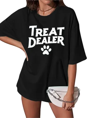 Treat Dealer Shirts for Women: Oversized Dog Mom T-Shirts Funny Dog Lover Gift Dog Paw Print Tee Casual Summer Tops