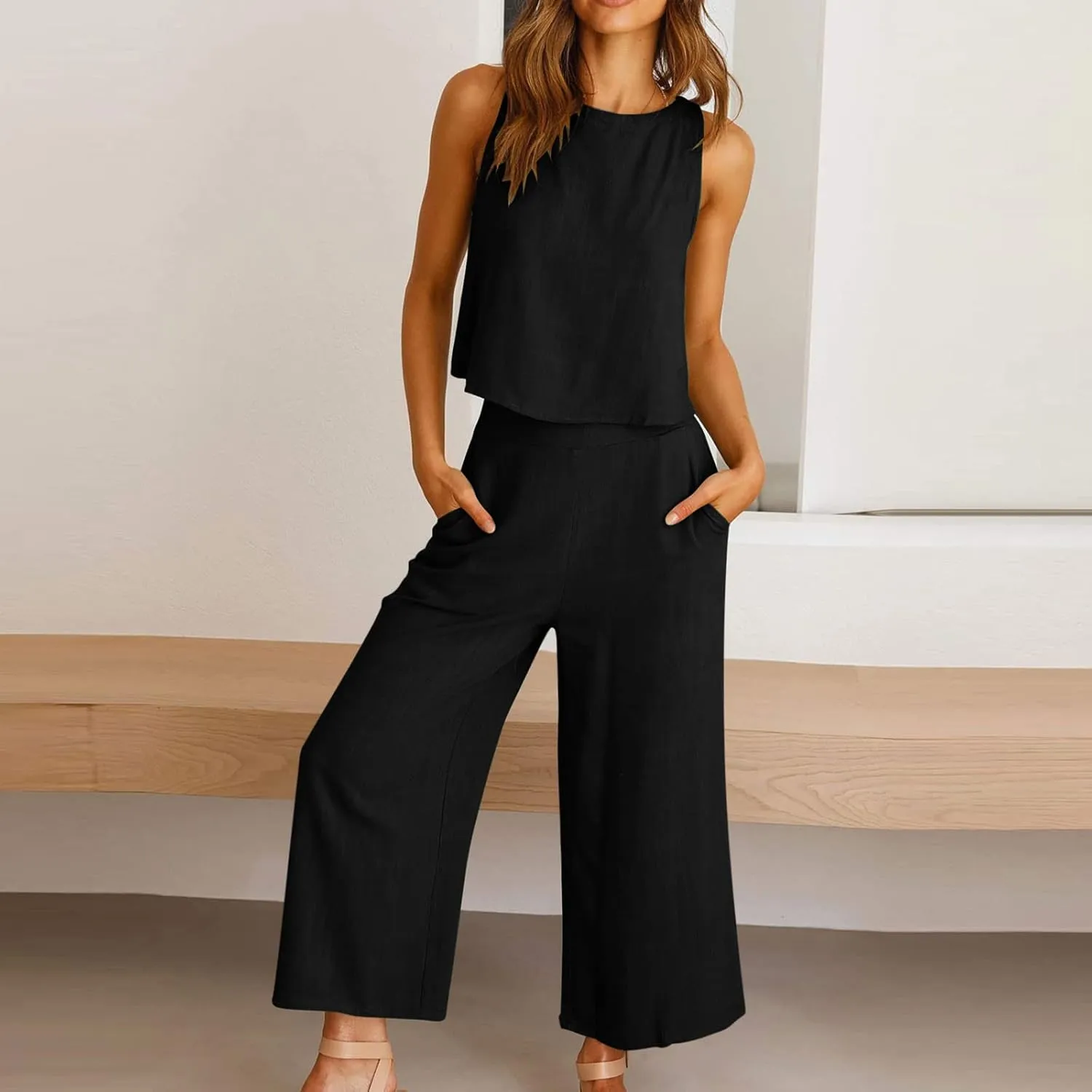 Two Piece Sets for Women Summer Vacation Outfits Sleeveless Crop Top Wide Leg Pants Lounge Beach Travel Clothing