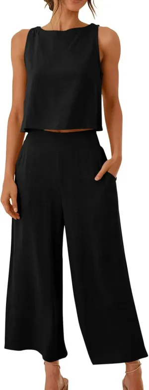 Two Piece Sets for Women Summer Vacation Outfits Sleeveless Crop Top Wide Leg Pants Lounge Beach Travel Clothing