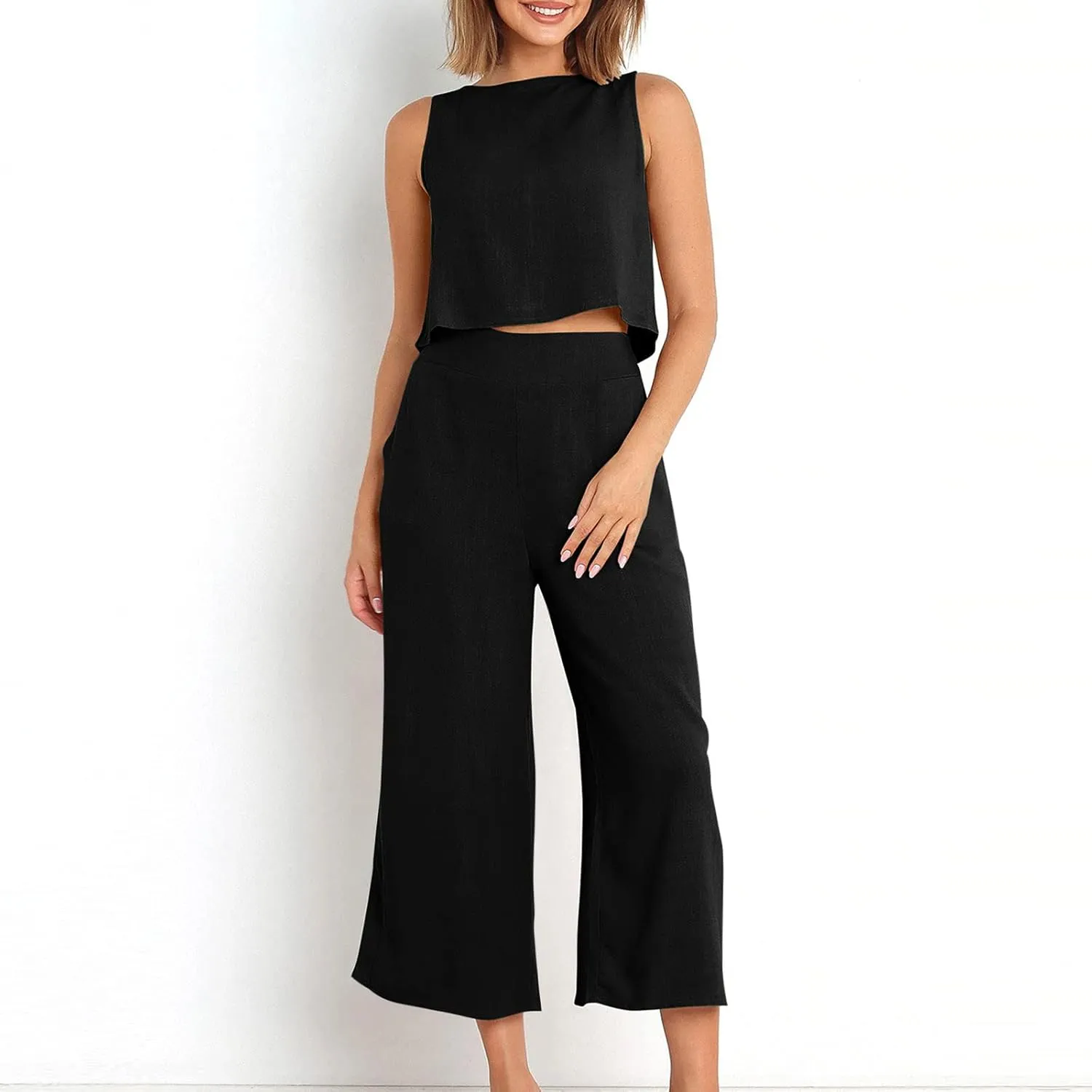 Two Piece Sets for Women Summer Vacation Outfits Sleeveless Crop Top Wide Leg Pants Lounge Beach Travel Clothing