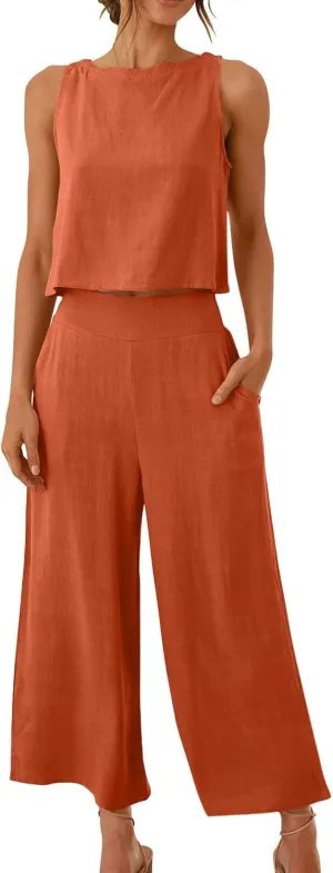Two Piece Sets for Women Summer Vacation Outfits Sleeveless Crop Top Wide Leg Pants Lounge Beach Travel Clothing