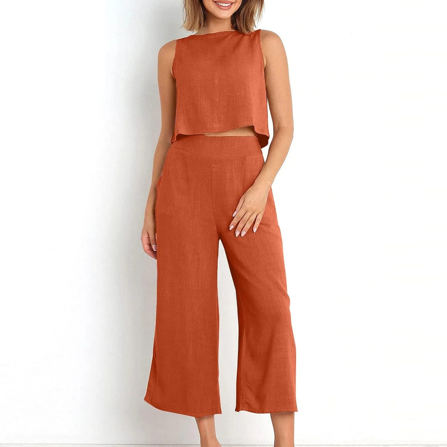 Two Piece Sets for Women Summer Vacation Outfits Sleeveless Crop Top Wide Leg Pants Lounge Beach Travel Clothing