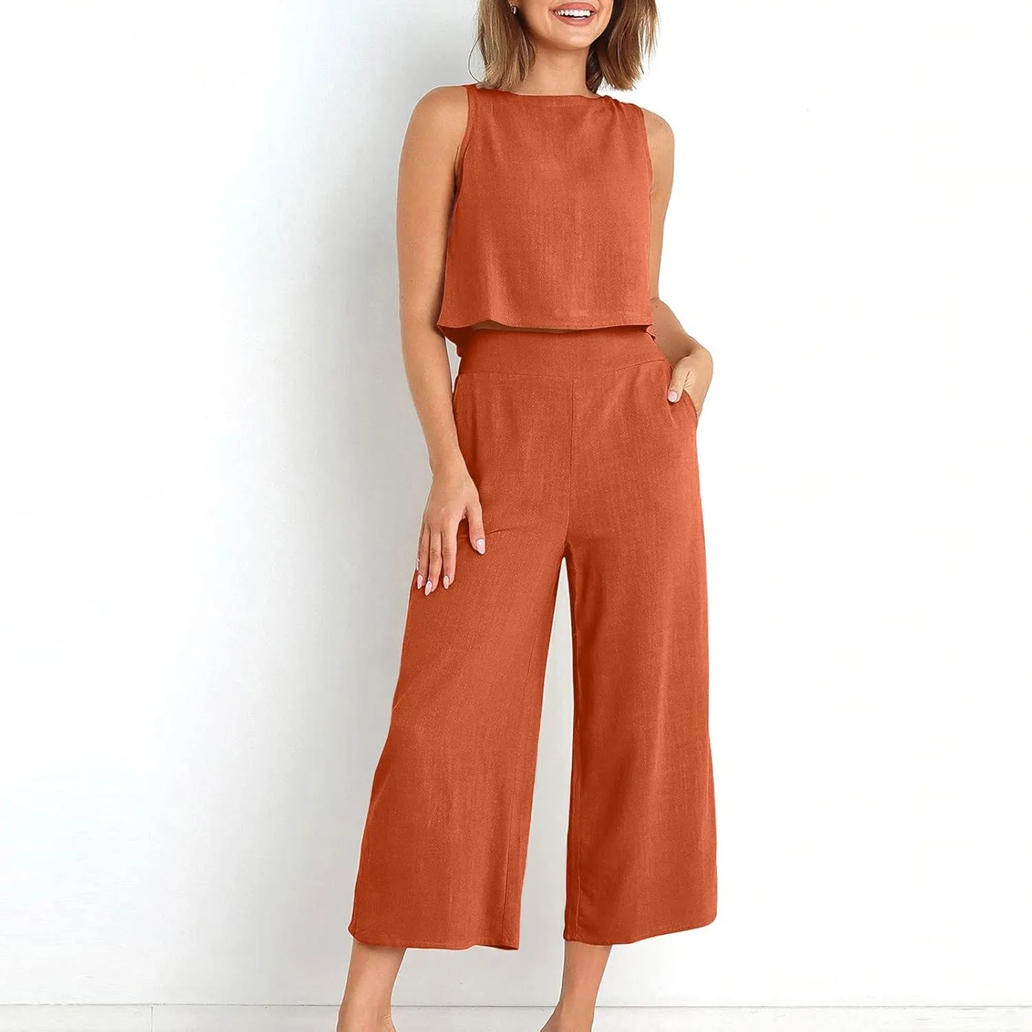 Two Piece Sets for Women Summer Vacation Outfits Sleeveless Crop Top Wide Leg Pants Lounge Beach Travel Clothing