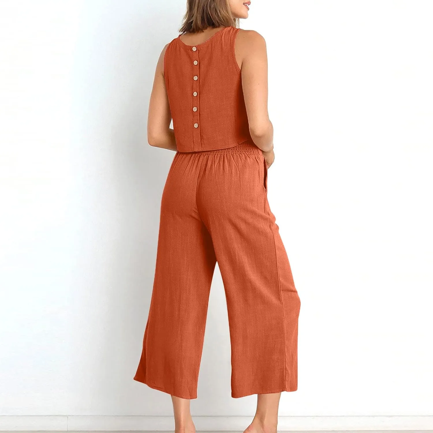 Two Piece Sets for Women Summer Vacation Outfits Sleeveless Crop Top Wide Leg Pants Lounge Beach Travel Clothing