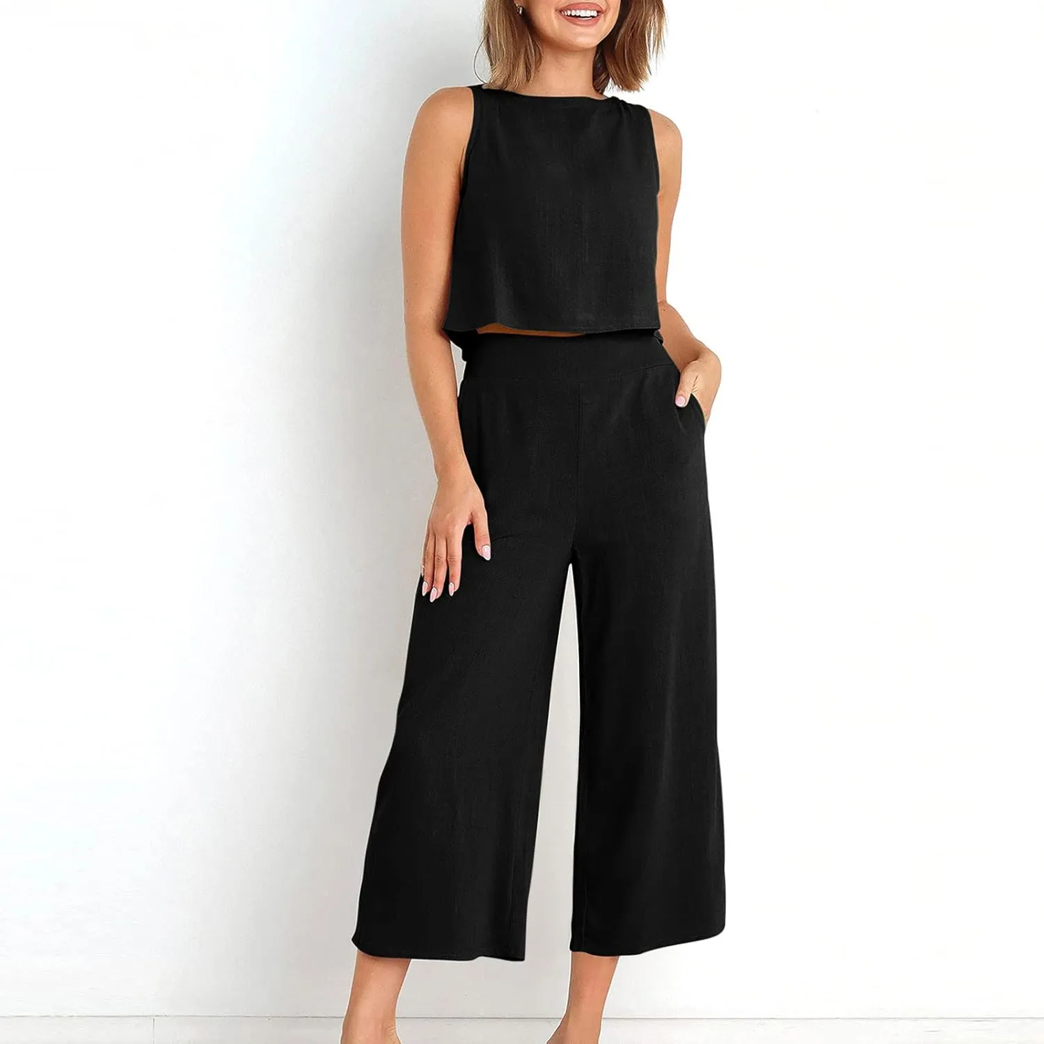 Two Piece Sets for Women Summer Vacation Outfits Sleeveless Crop Top Wide Leg Pants Lounge Beach Travel Clothing