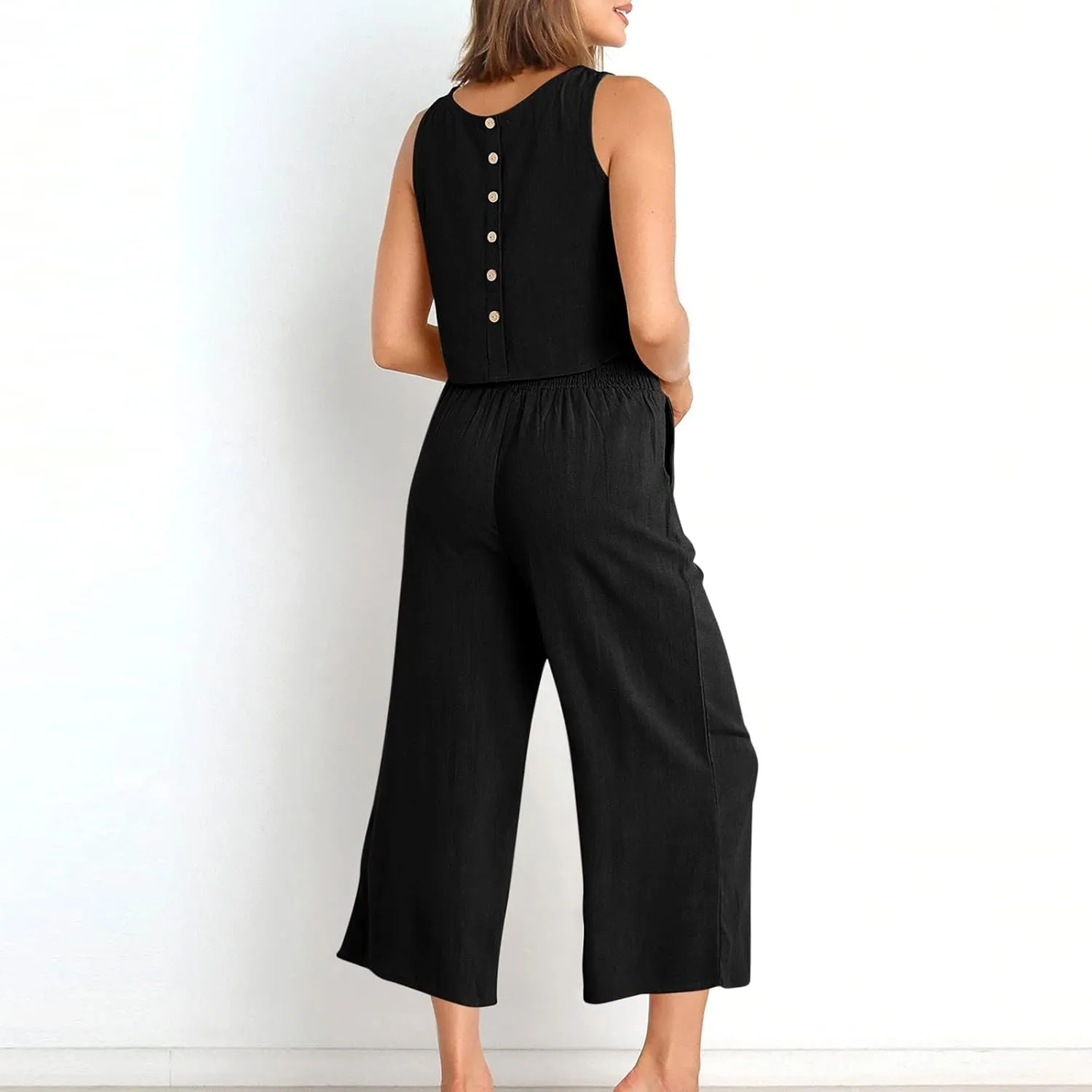 Two Piece Sets for Women Summer Vacation Outfits Sleeveless Crop Top Wide Leg Pants Lounge Beach Travel Clothing