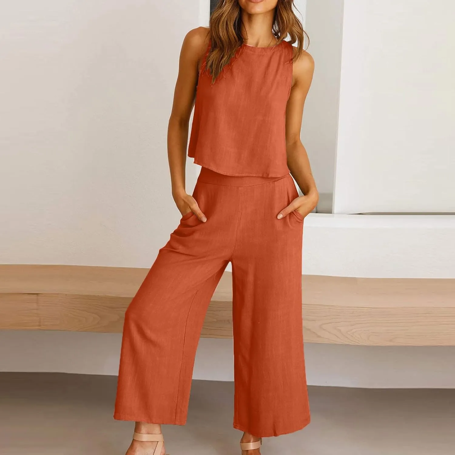 Two Piece Sets for Women Summer Vacation Outfits Sleeveless Crop Top Wide Leg Pants Lounge Beach Travel Clothing