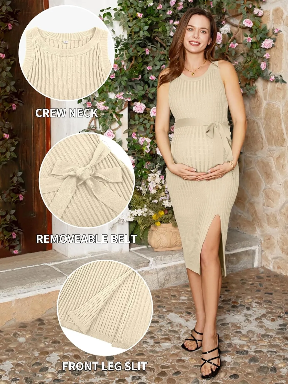 V FOR CITY Maternity Dress for Baby Shower Cable Knit Slit Pregnancy Dresses Casual Sleeveless Bodycon Pregnant Clothes