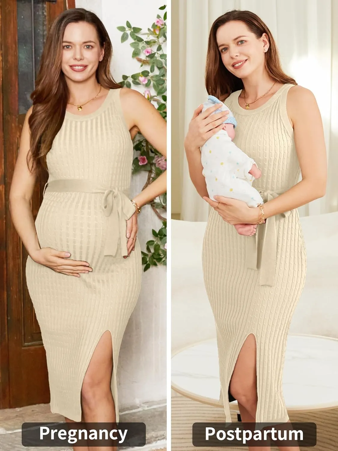 V FOR CITY Maternity Dress for Baby Shower Cable Knit Slit Pregnancy Dresses Casual Sleeveless Bodycon Pregnant Clothes