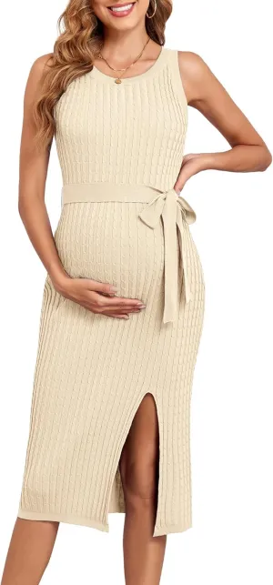 V FOR CITY Maternity Dress for Baby Shower Cable Knit Slit Pregnancy Dresses Casual Sleeveless Bodycon Pregnant Clothes