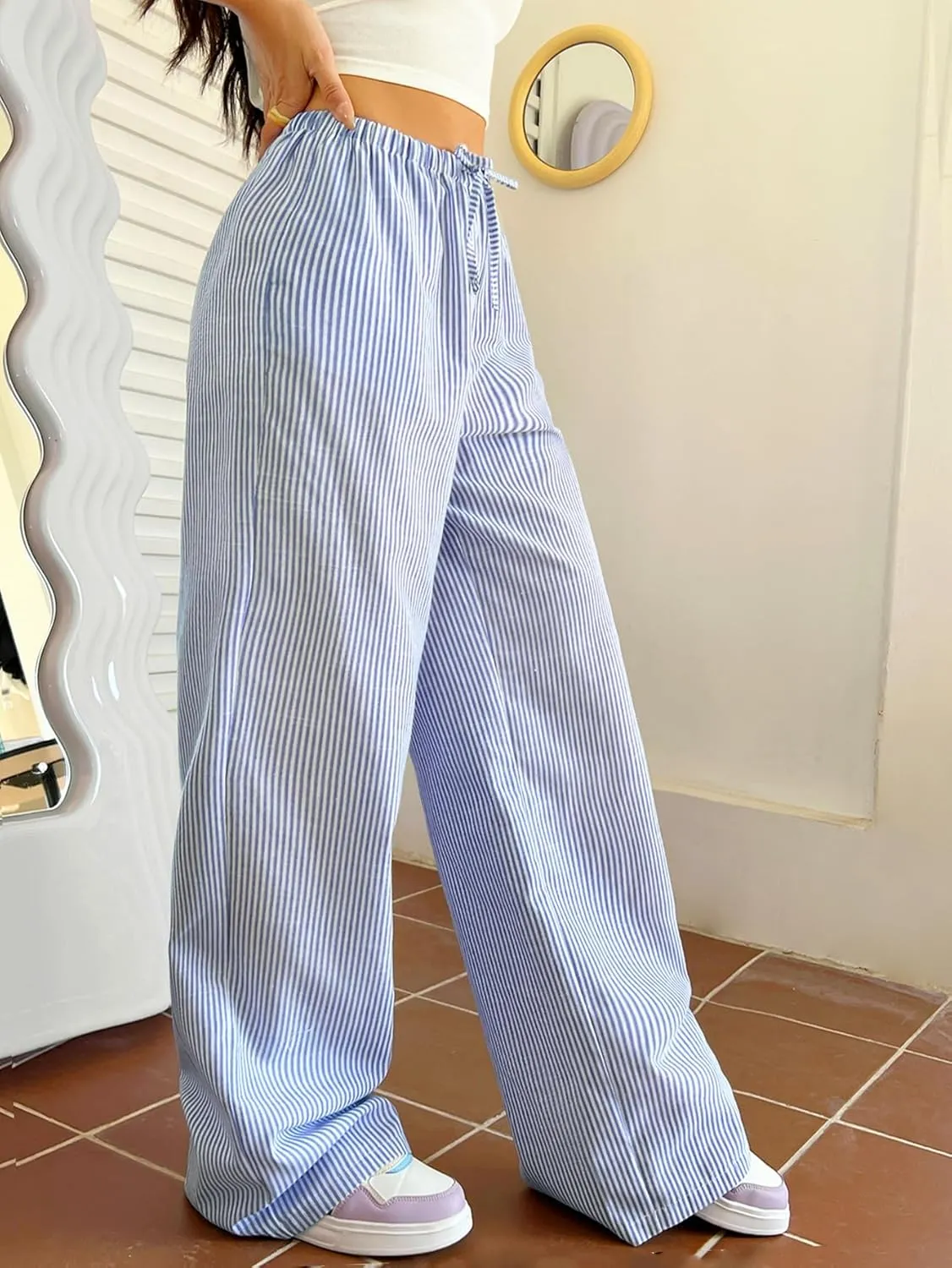Verdusa Stiped High Waist Pants for Women Loose Lounge Straight Leg Trousers with Pocket