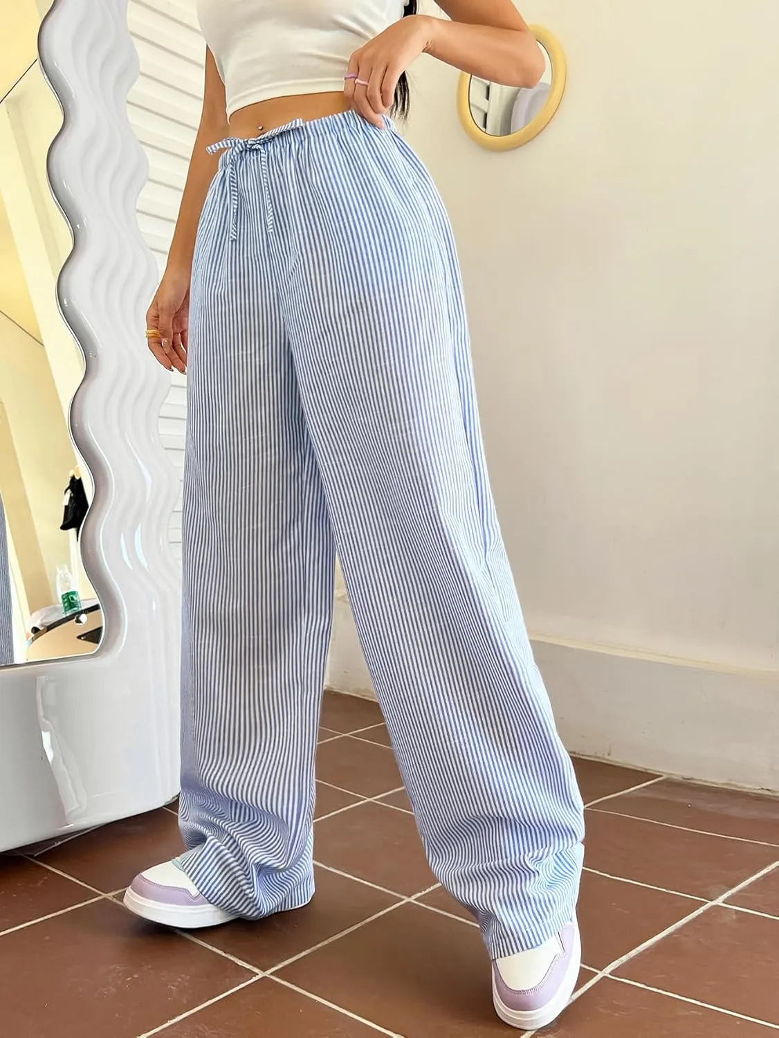 Verdusa Stiped High Waist Pants for Women Loose Lounge Straight Leg Trousers with Pocket