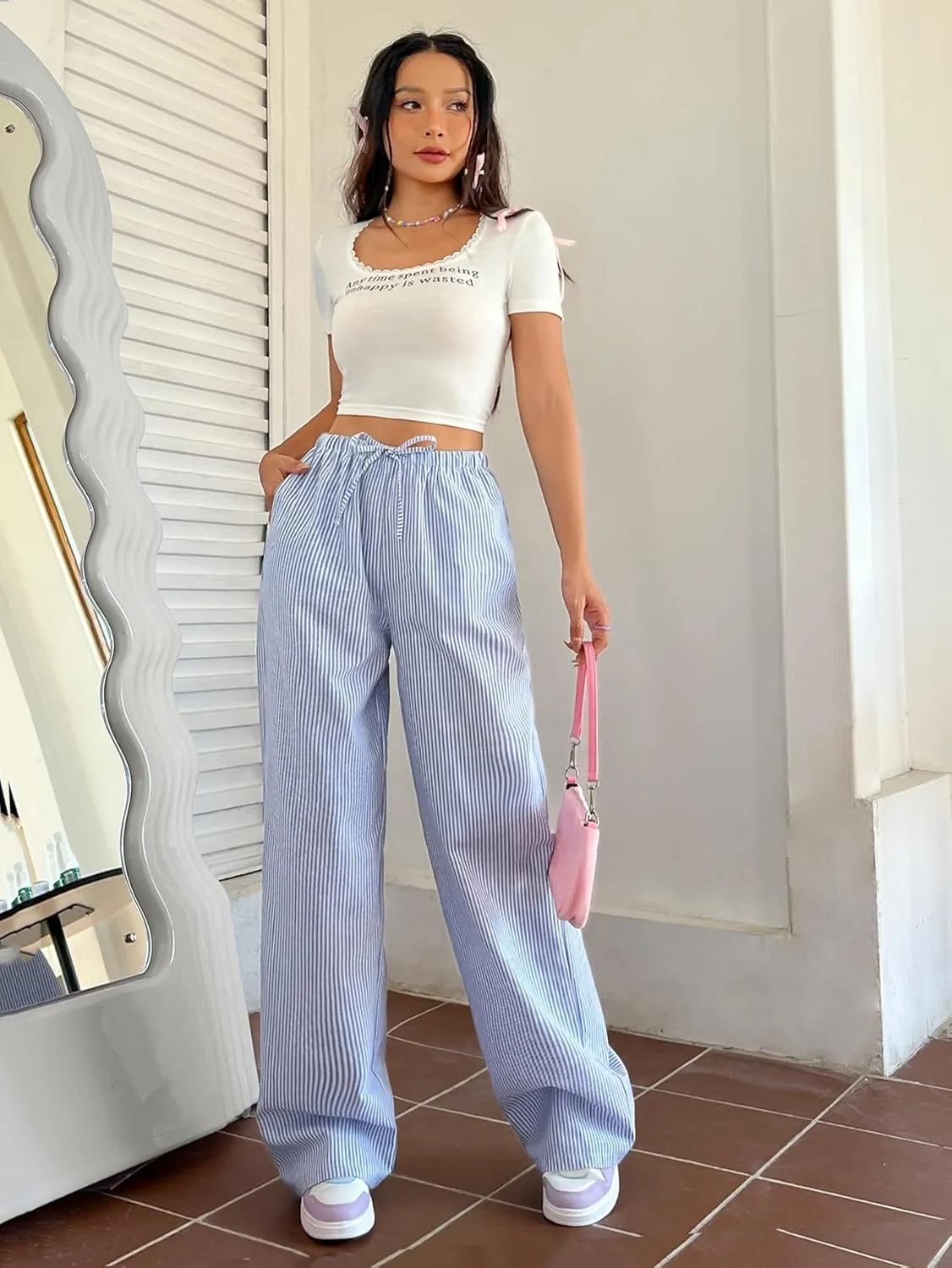 Verdusa Stiped High Waist Pants for Women Loose Lounge Straight Leg Trousers with Pocket