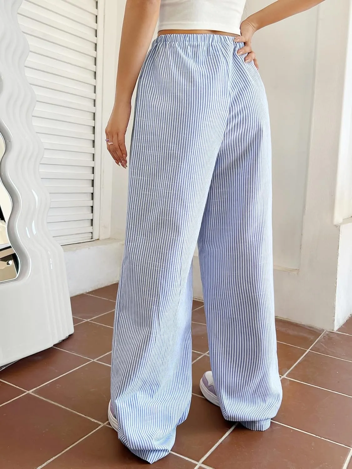Verdusa Stiped High Waist Pants for Women Loose Lounge Straight Leg Trousers with Pocket