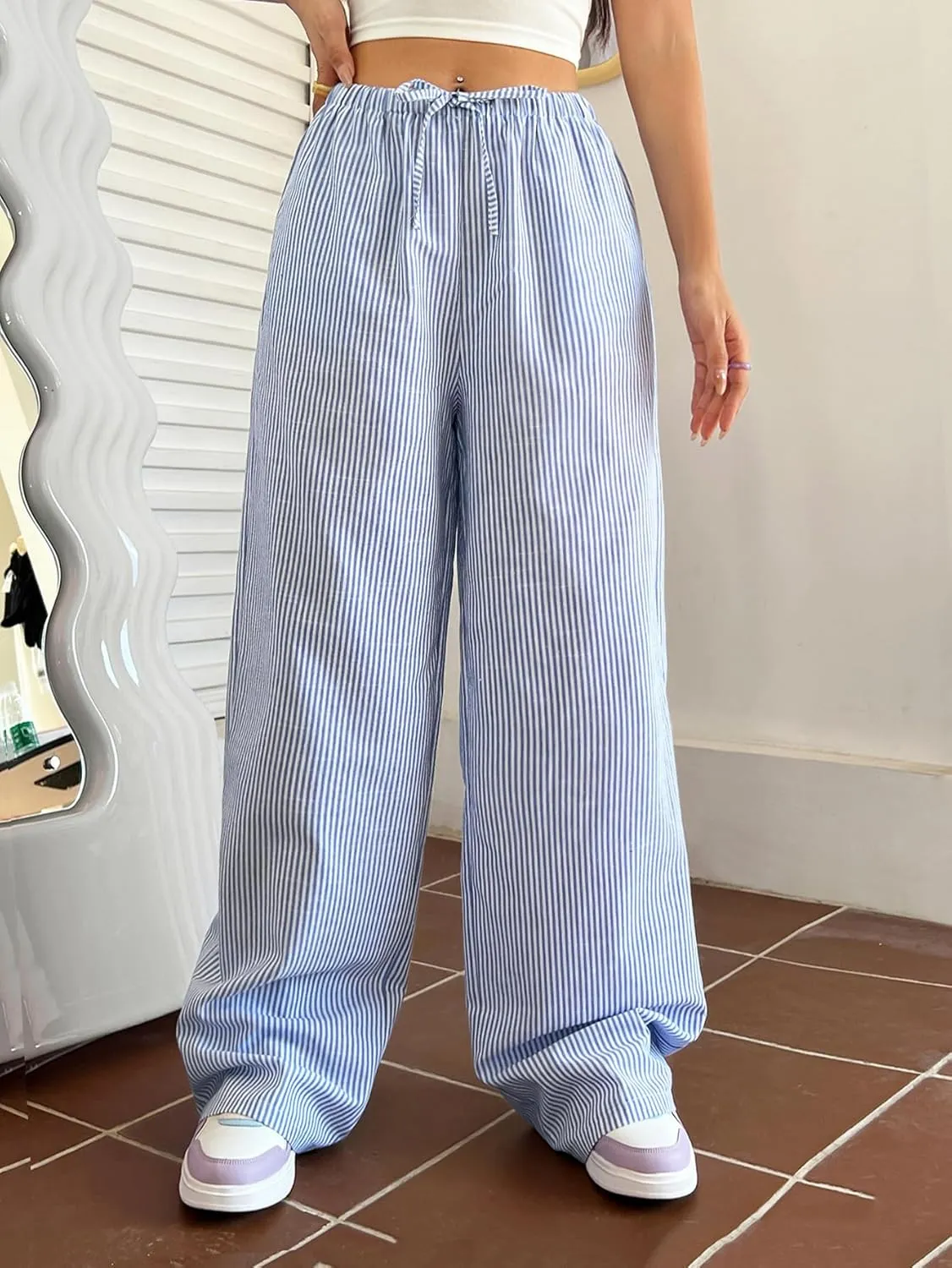 Verdusa Stiped High Waist Pants for Women Loose Lounge Straight Leg Trousers with Pocket