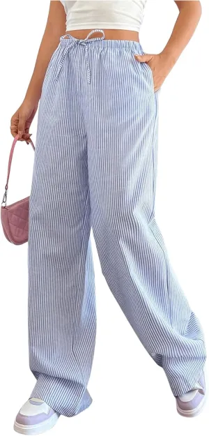 Verdusa Stiped High Waist Pants for Women Loose Lounge Straight Leg Trousers with Pocket