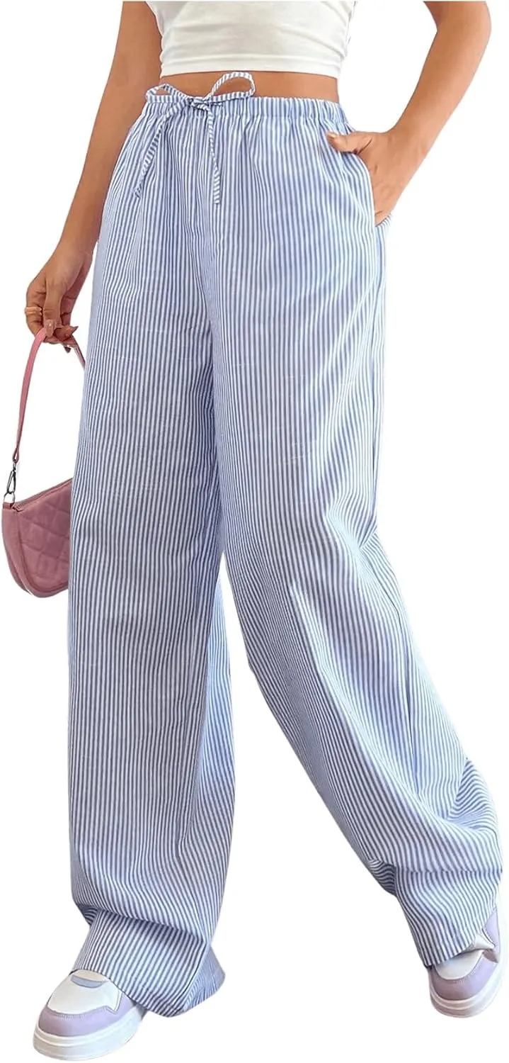 Verdusa Stiped High Waist Pants for Women Loose Lounge Straight Leg Trousers with Pocket