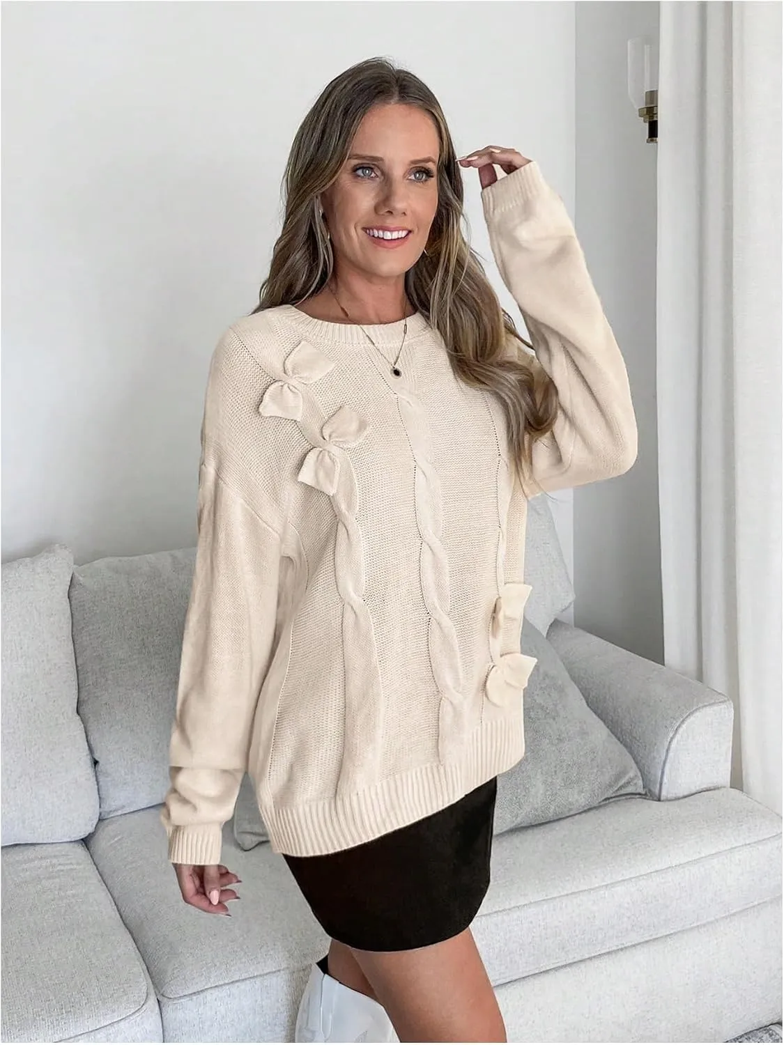 Verdusa Women's Cable Knit Bow Sweater Crew Neck Long Sleeve Casual Knit Jumper Sweater