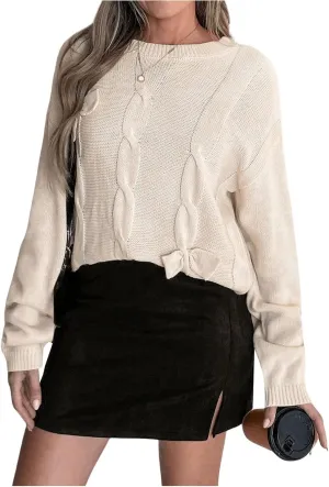 Verdusa Women's Cable Knit Bow Sweater Crew Neck Long Sleeve Casual Knit Jumper Sweater