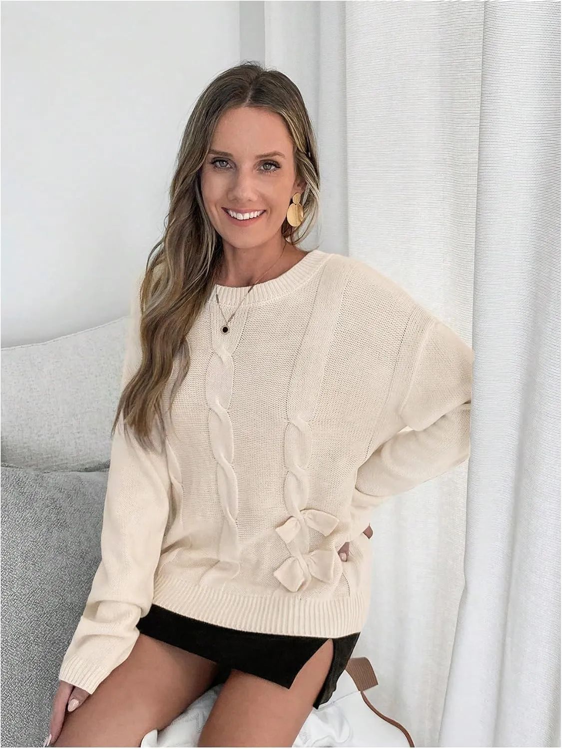 Verdusa Women's Cable Knit Bow Sweater Crew Neck Long Sleeve Casual Knit Jumper Sweater