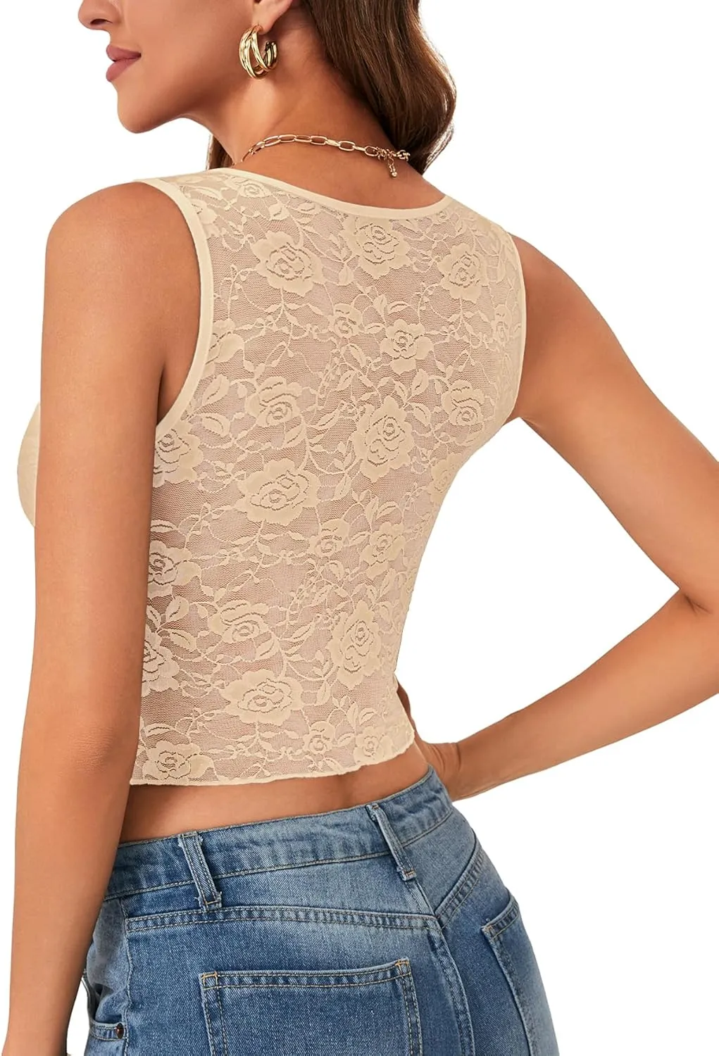 Vrtige Women's Sexy V Neck Lace Sleeveless Slim Fit Trendy Crop Cami Tank Top Blouse