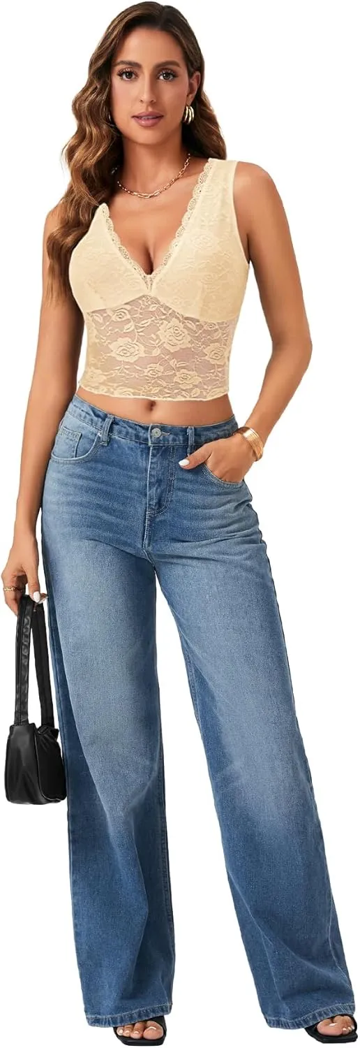 Vrtige Women's Sexy V Neck Lace Sleeveless Slim Fit Trendy Crop Cami Tank Top Blouse