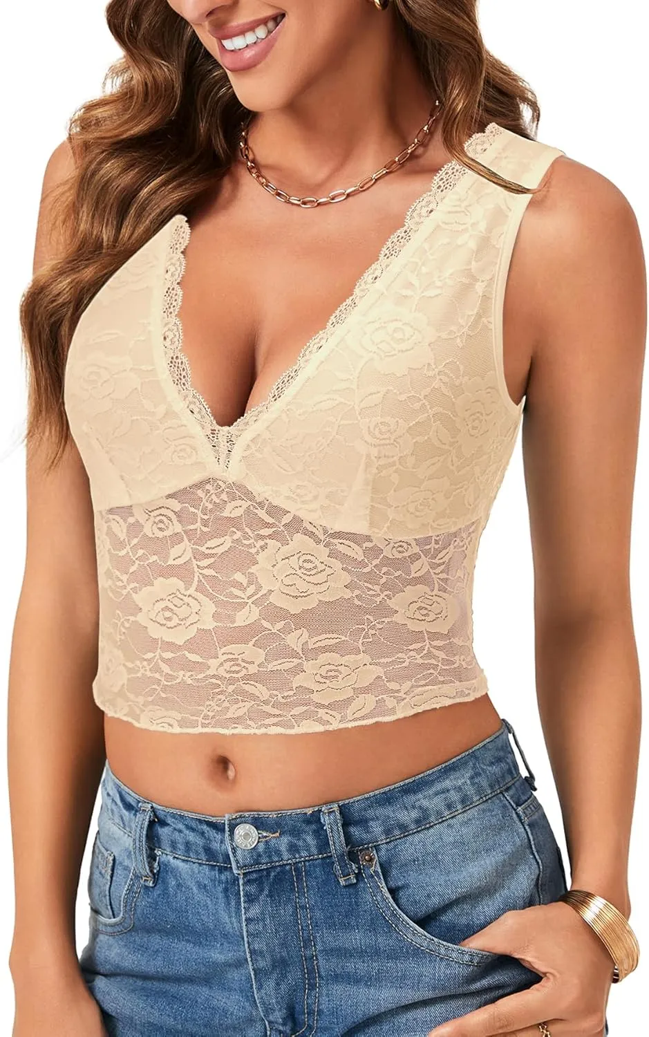 Vrtige Women's Sexy V Neck Lace Sleeveless Slim Fit Trendy Crop Cami Tank Top Blouse