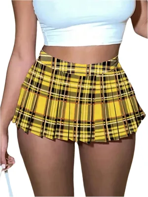 WDIRARA Women's Color Block Plaid Print Pleated Skirt Zipper Side Mini Skirts Sexy Fitted Short Skirt