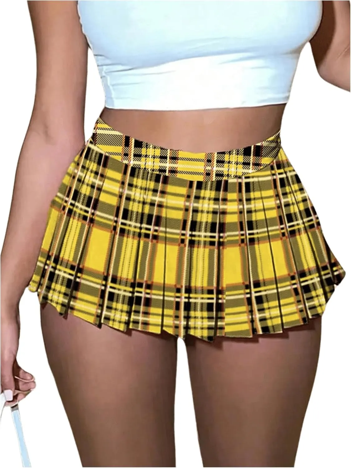 WDIRARA Women's Color Block Plaid Print Pleated Skirt Zipper Side Mini Skirts Sexy Fitted Short Skirt