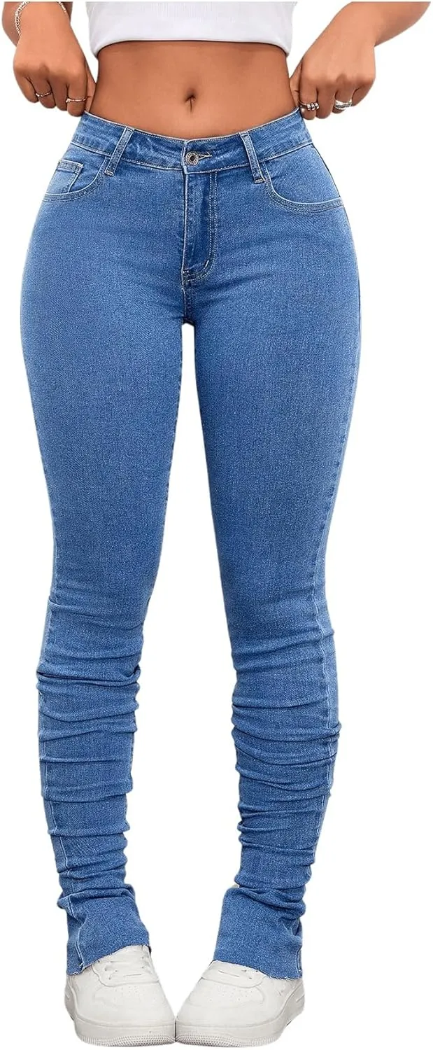 WDIRARA Women's Low Waisted Button Skinny Denim Pants Casual Stretch Long Jeans