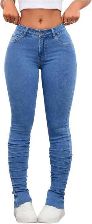 WDIRARA Women's Low Waisted Button Skinny Denim Pants Casual Stretch Long Jeans