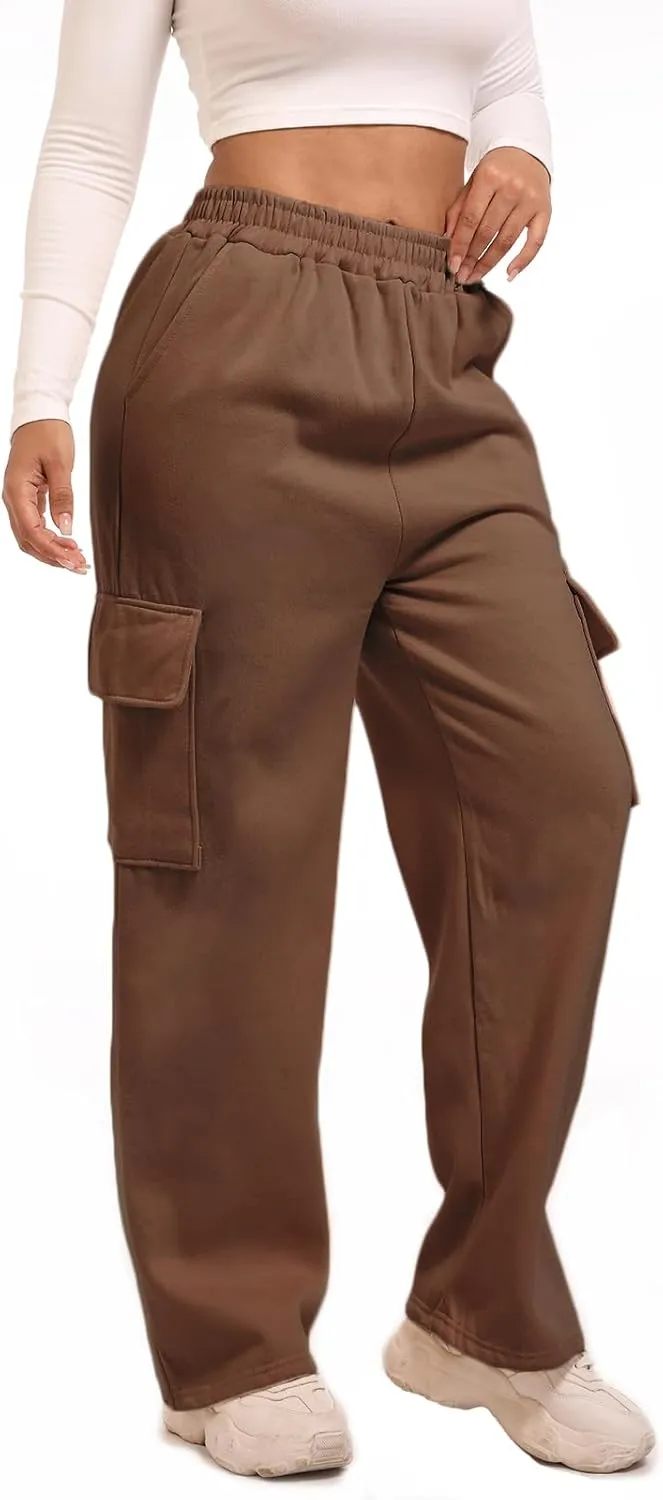 Wide Leg Cargo Sweatpants for Women High Waisted Baggy Fleece Joggers Casual Athletic Sweats Pants with Pockets